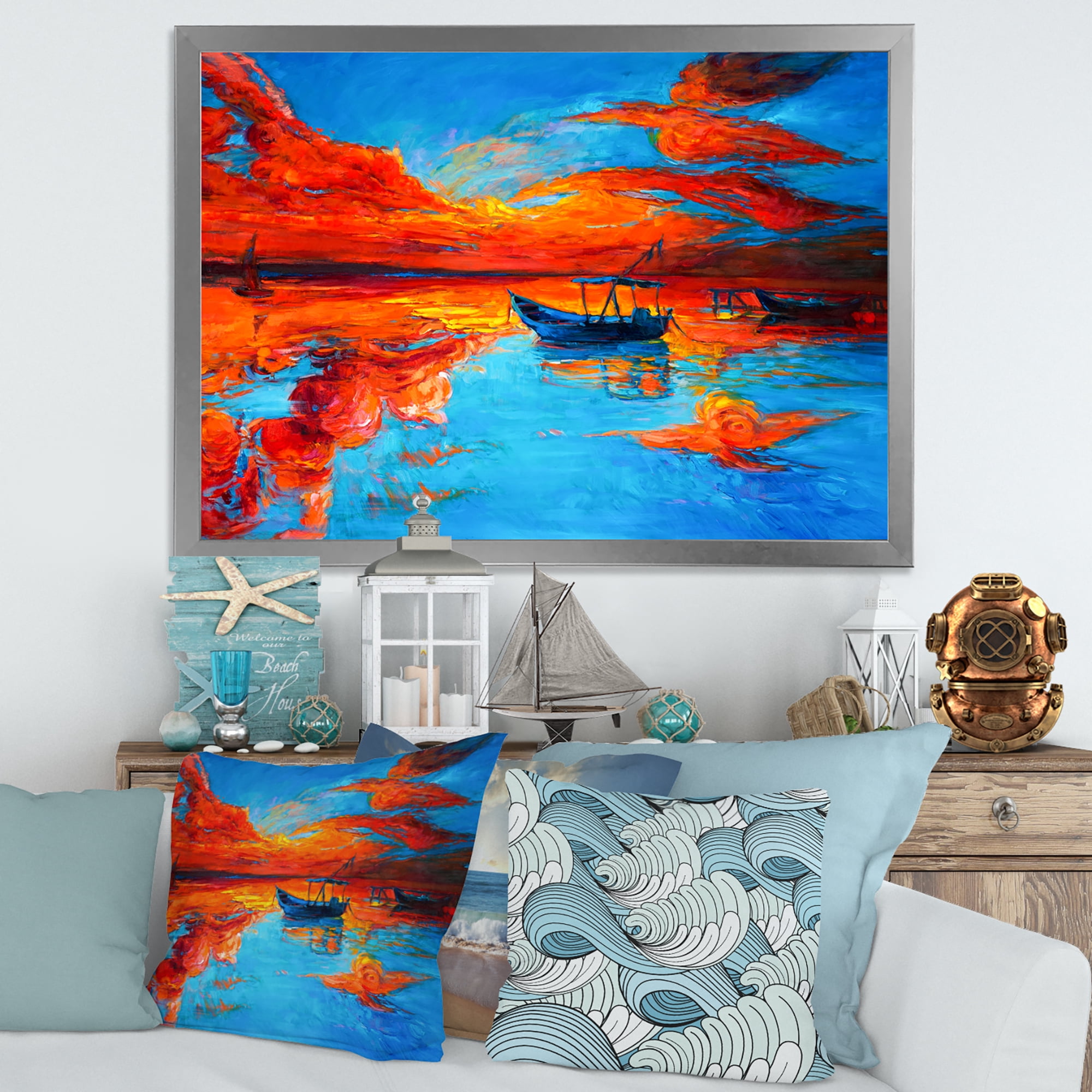 Designart 'Boats During Warm Sunset Resting On The Water VI' Nautical & Coastal Framed Art Print