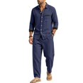 thumbnail image 5 of Delconic Mens Linen Blend Two Piece Outfit Loose Fit Long Sleeve Button Front Shirt and Straight Leg Pants Casual Set Navy 2XL, 5 of 8