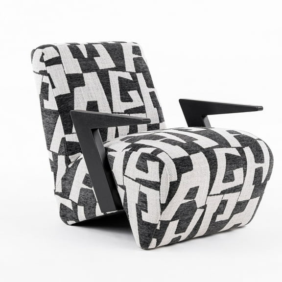 27 Inch Accent Chair, Polyester Black and White Geometric Pattern Print