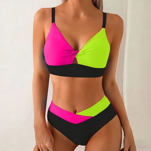 Xdegoge Swimsuits for Women V Neck Twist Front High Waisted Bikini Sets Two Piece Bathing Suits Color Block Patchwork Tummy Control Flattering Charming Beachwear
