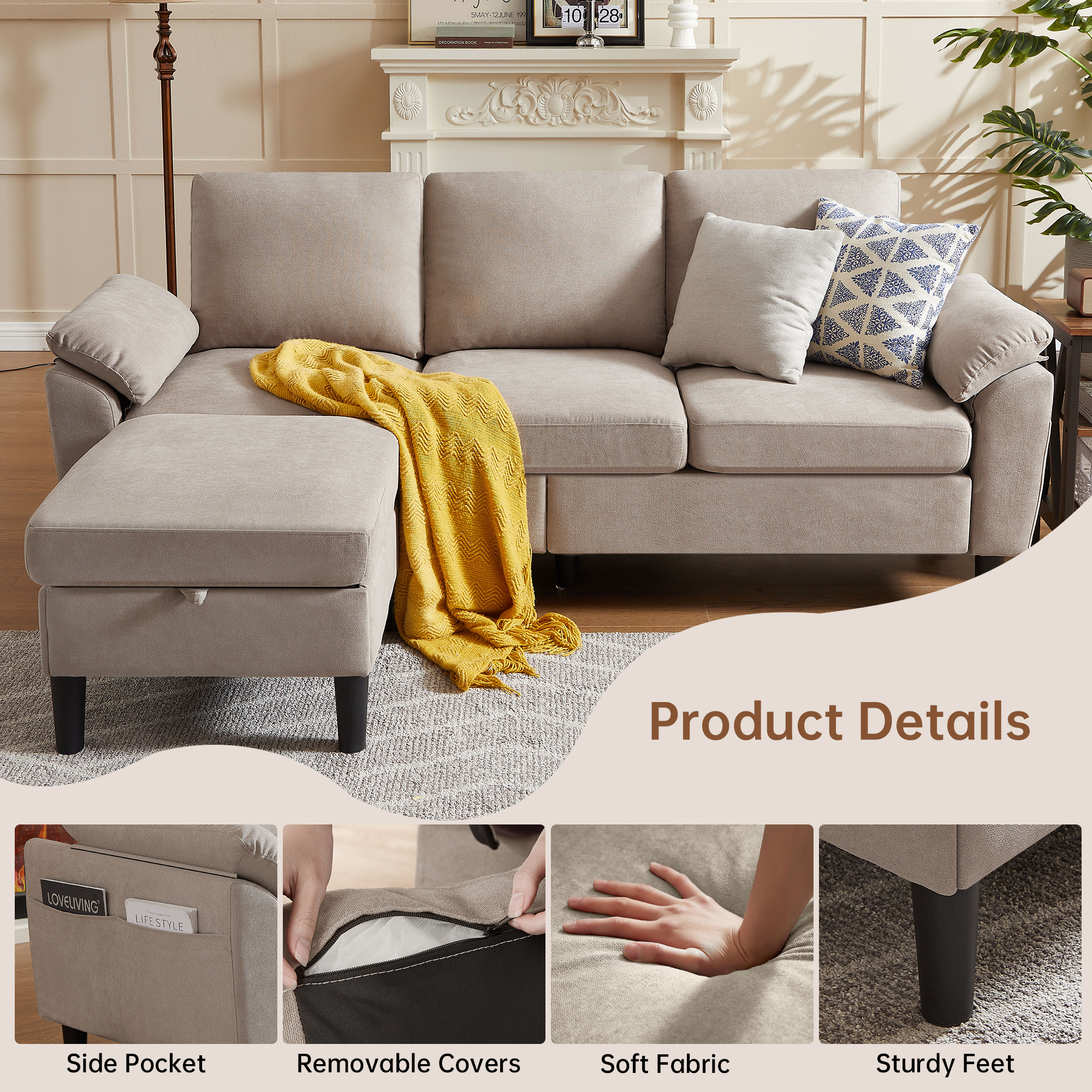 Pingliang Home 80" Sectional Sofa Couch,L Shaped 3 Seat with Reversible Storage Ottoman and Side Pockets, Modern Polyester Fabric Sofa Couches for Living Room Apartment Office Studio Small Space