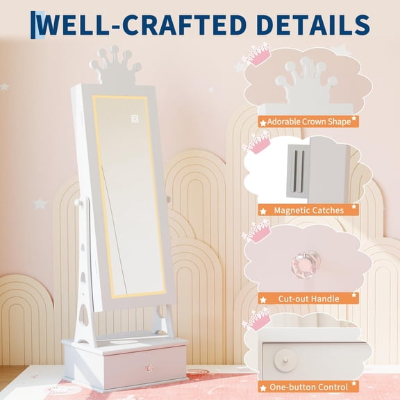 PYY Kids Jewelry Armoire Cabinet for Home Office, Standing Jewelry Organizer with Full-Length Mirror, 3 Storage Drawer, Kids Vanity Dress Up Mirror Jewelry Cabinet for Girls, White