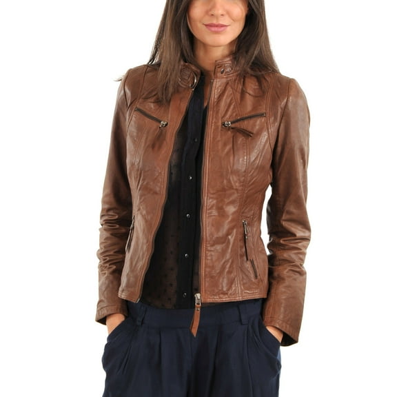 Luis Leather Womens Browny Coded Lambskin Genuine Leather Jacket, Biker Jacket
