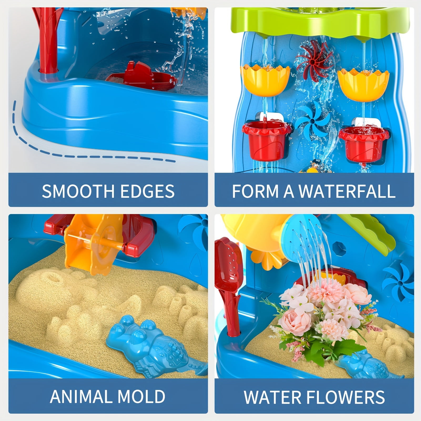 Kids Waterfall Water Table Play Set -Blue- Double-Sided Waterfall Discovery Wall, With Shovels, Buckets, Sea Creatures for Outdoor Backyard Beach Sensory Play, Gift for Boys Girls Age 3+