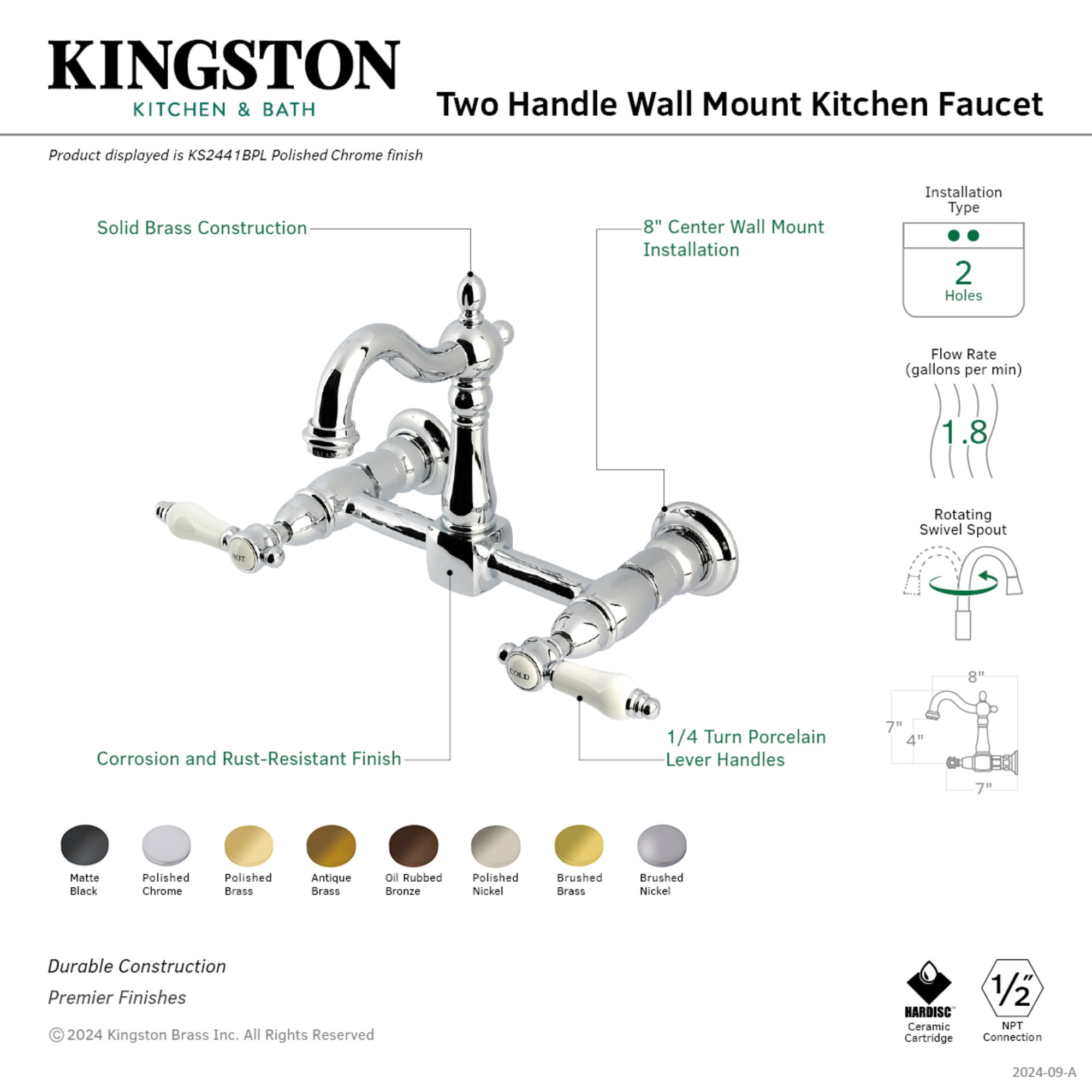 Kingston Brass KS2440BPL Bel-Air Double-Handle Wall-Mount Bridge Kitchen Faucet, Matte Black