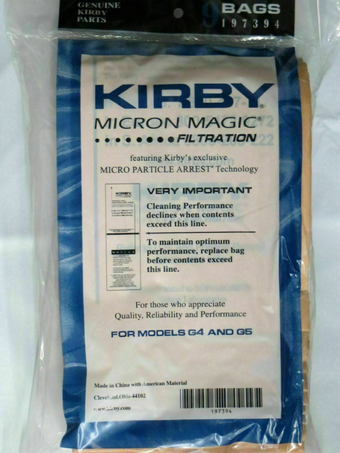 Kirby Vacuum Bags 197394 Micron Magic Vacuum Filter Bags Hoover Bags G4 G5 x 9 