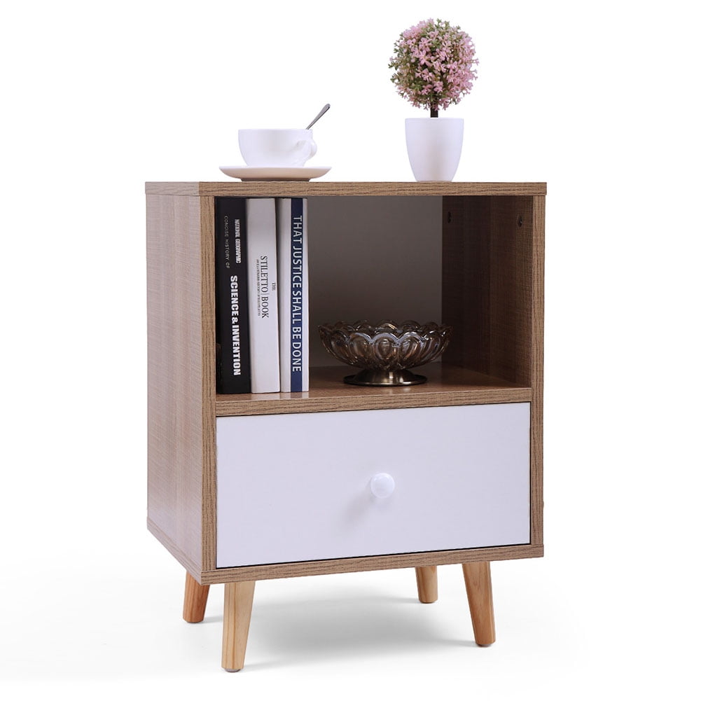 Kepooman 1 Drawer End Table for Bedroom, Wooden Nightstand for Living Room, Wood Color Bedside Table for Home Office, Set of 1