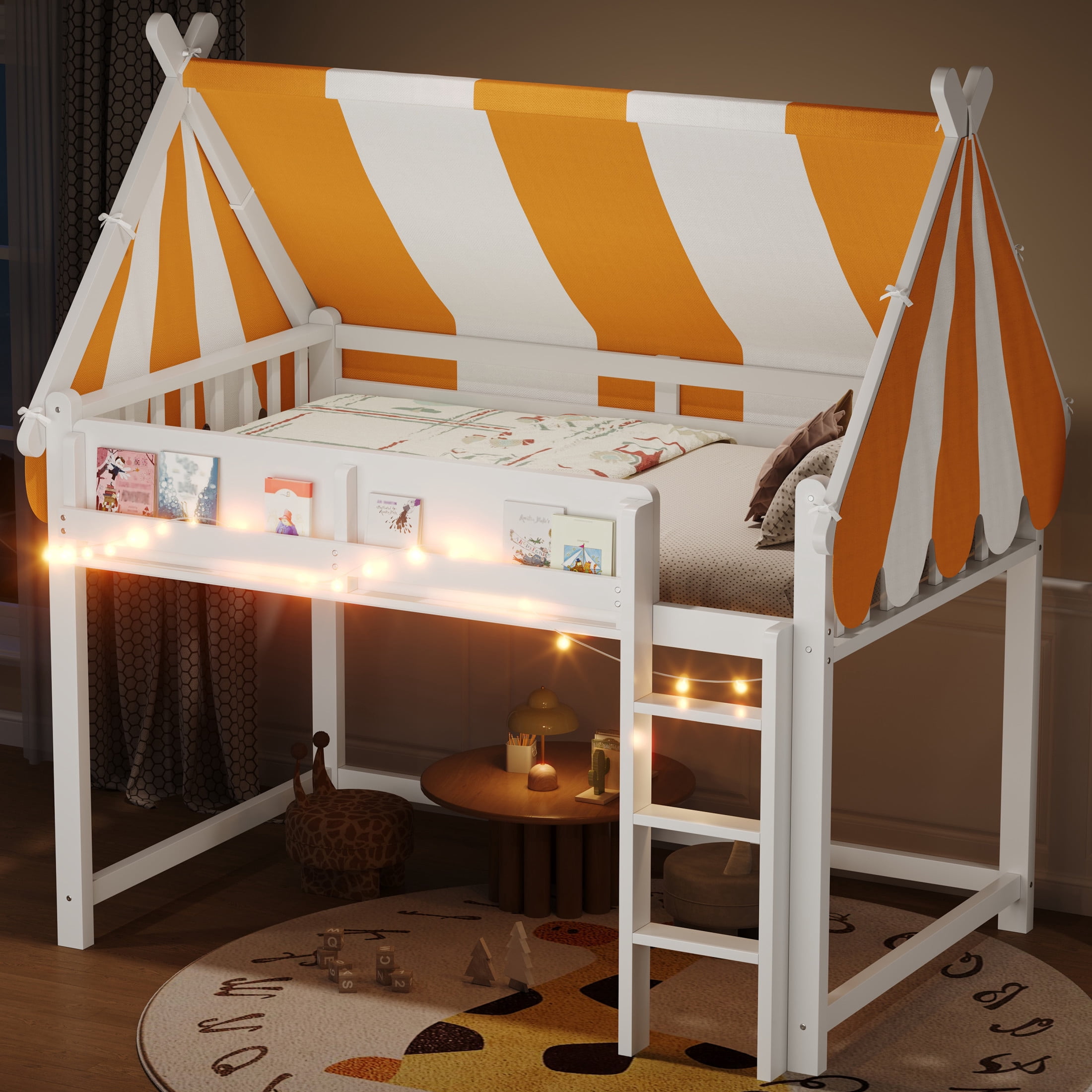 Noble House Sidney Full Size Loft Bed with Canopy and LED Lights, Wood Loft Bed with Bookshelf, Playful Design, White