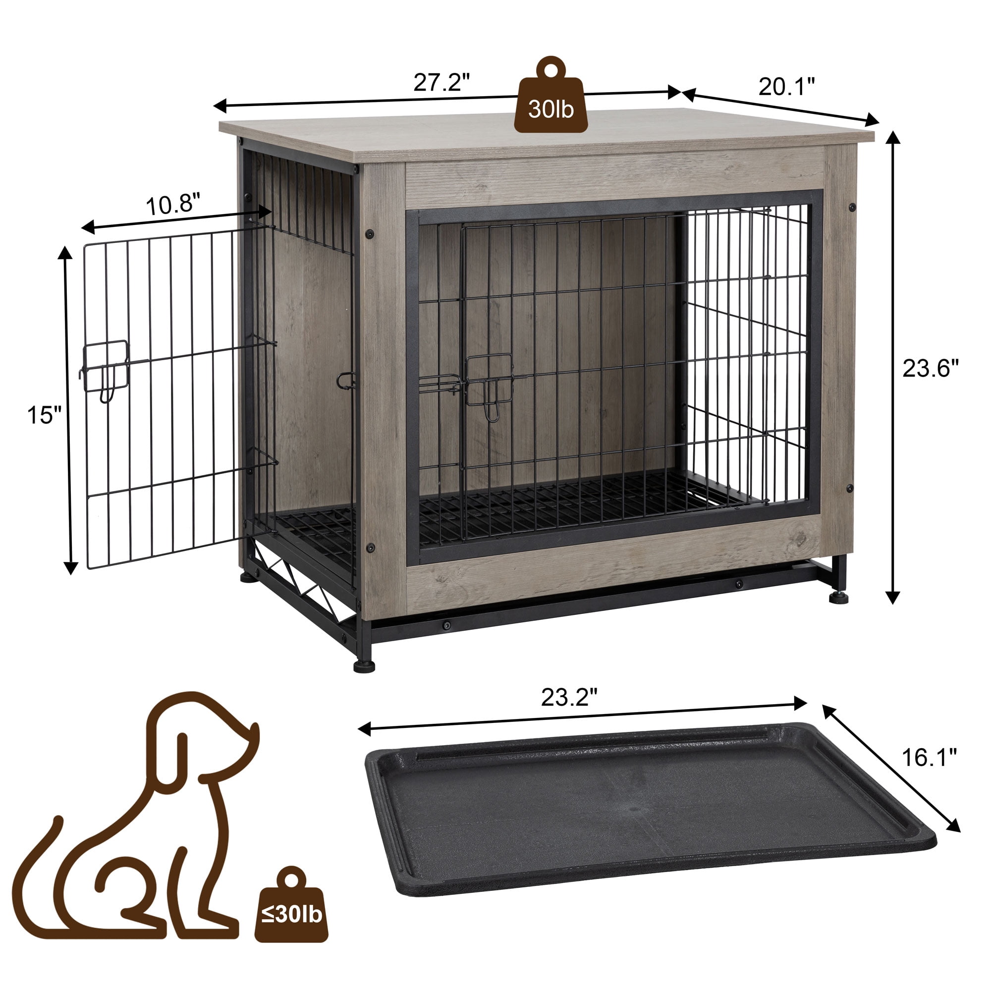 Walsunny Wooden Dog Crate Furniture,Double-Doors Kennel Indoor with Divider and Removable Tray,End Table Dog Crate for Decoration 27.2"L x 20.1"W x 23.6"H，Grey