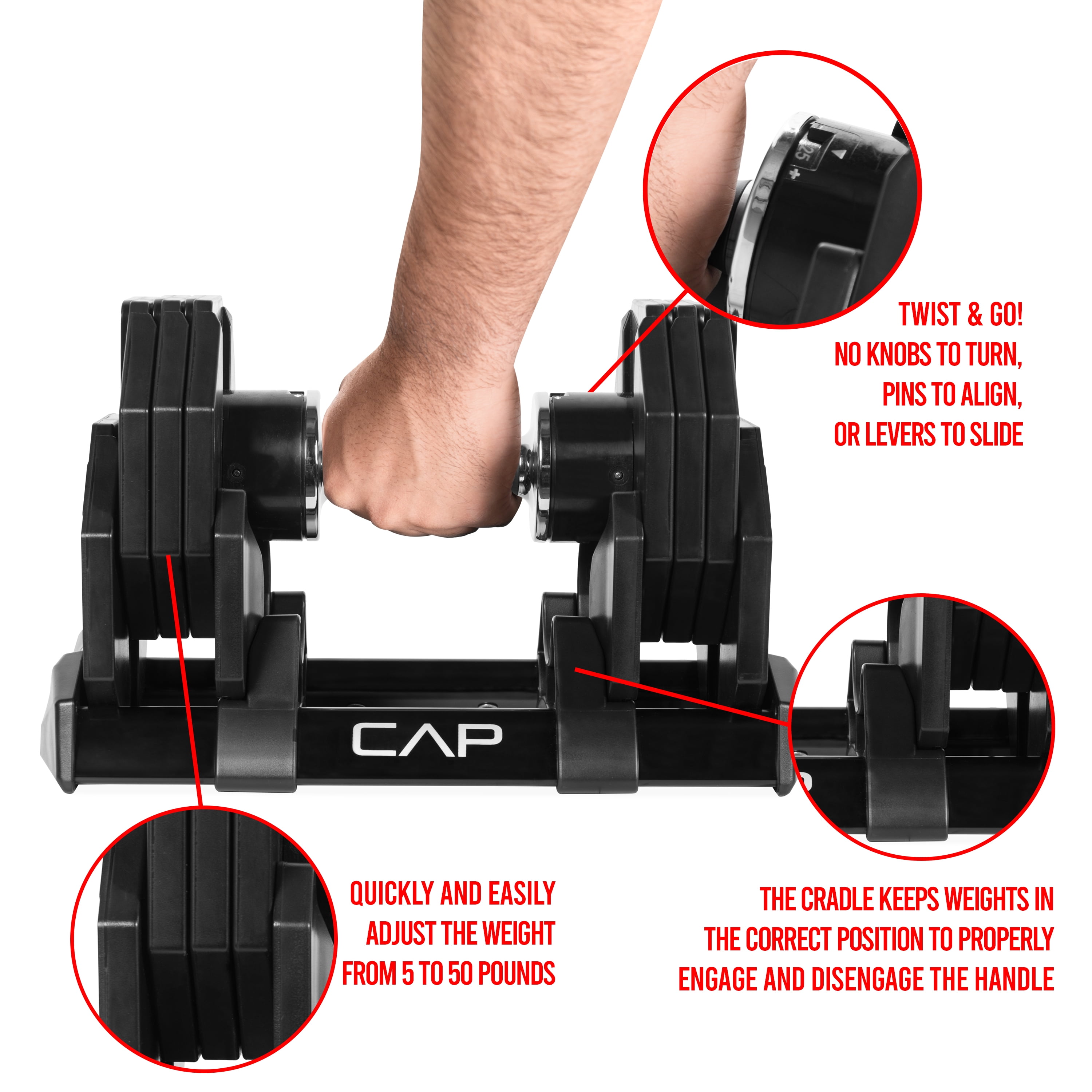 CAP Adjustable Dumbbell, Quick Select 5-50 Pounds, Single - 899863542