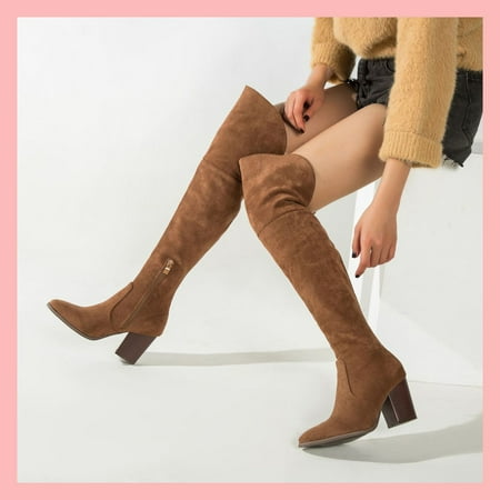 

Hunpta Boots For Women Long Boots Knee-High Heel Boots For Women s Chunky Boots Retro Shoes Suede Warm Boots