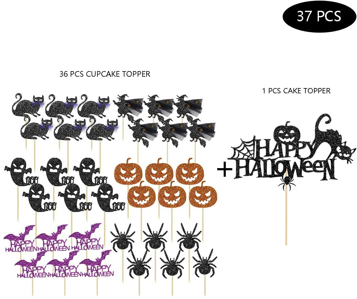 Unimall 36Pcs Halloween Cupcake Toppers Halloween Cake Toppers Pumpkin Black Cat Cupcake Picks Spider Fruits Picks for Halloween Party Decoration 