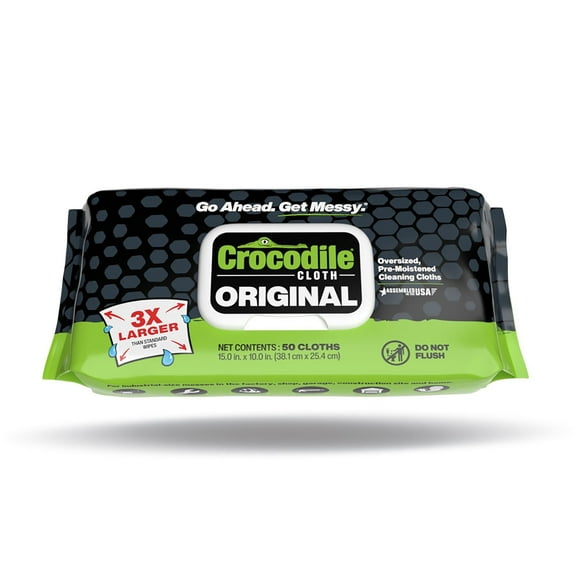 Crocodile Cloth Original Cleaning Wipes, Household, Unscented, 50 Count, 15" x 10"