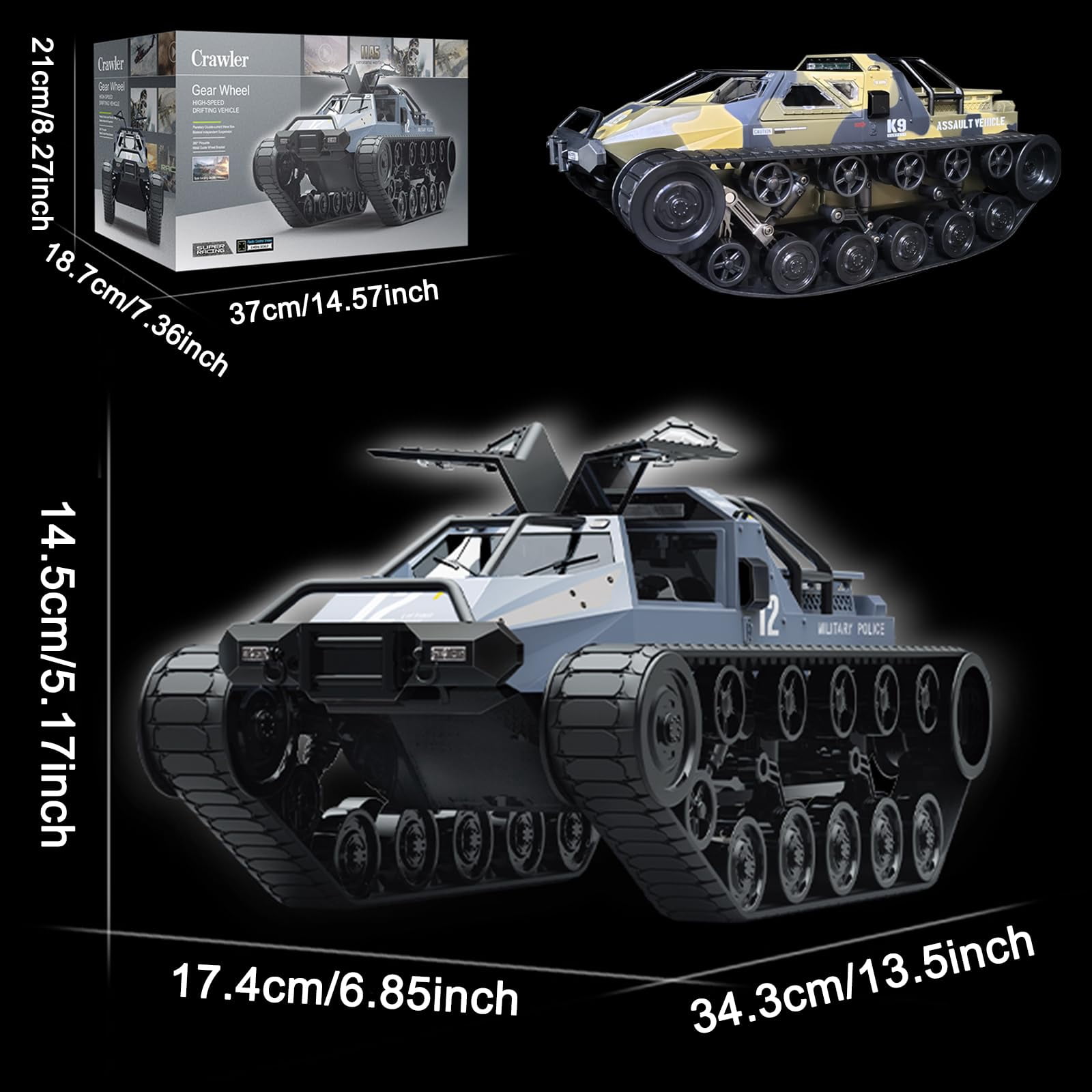 RC Tank Car, 1:12 Remote Control Crawler High Speed Tank, 2.4Ghz RC Rock Crawler Off-Road 4WD with 2 Battery, Military Truck Toy for Adults and Kids