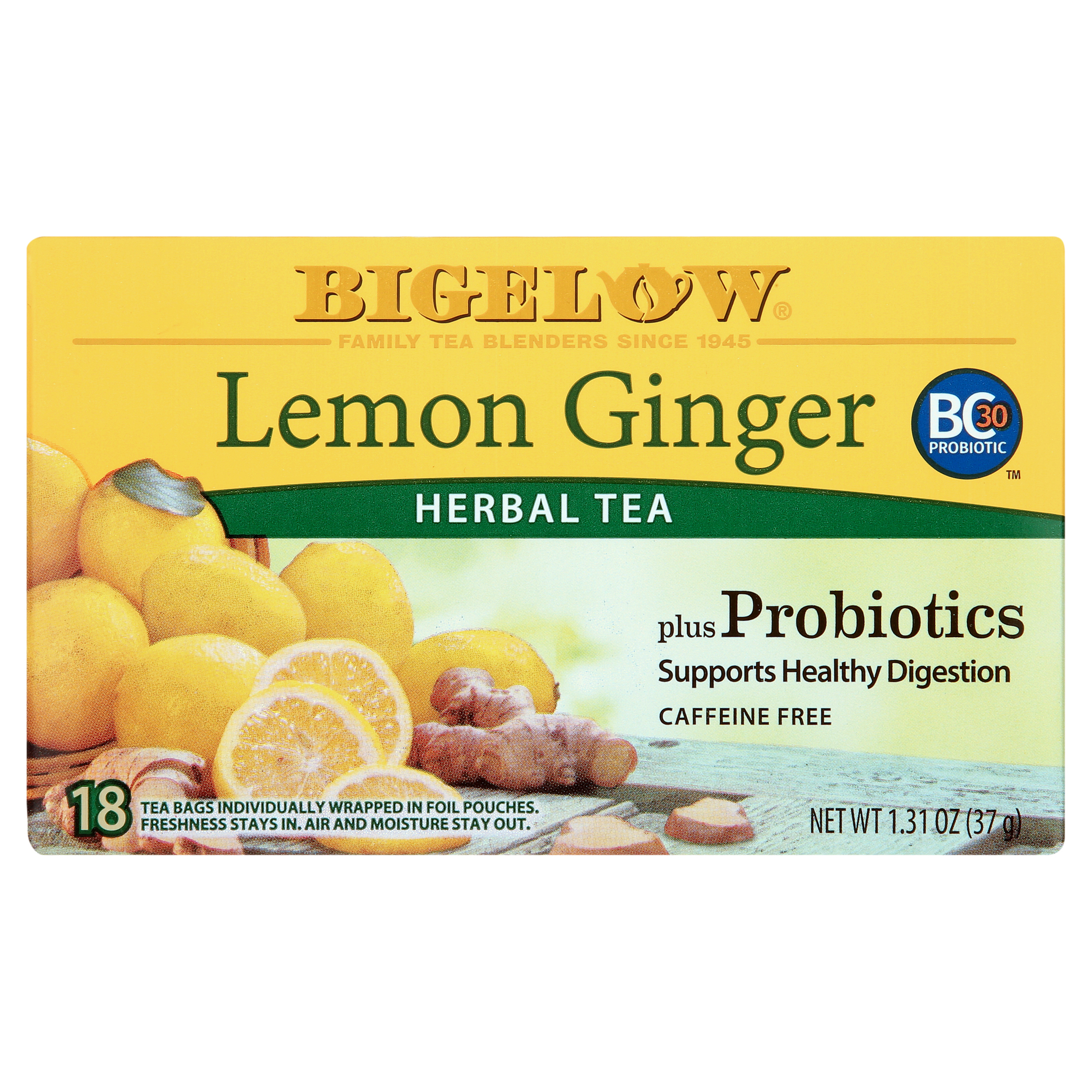Bigelow Lemon Ginger Plus Probiotics, Caffeine Free, Herbal Tea Bags, 18 Count