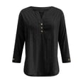 thumbnail image 2 of Craaazy Women's Plus Size Summer V-Neck Hollow Out Solid Color Button 3/4 Sleeve T-Shirts(S-5XL) Gifts, 2 of 9