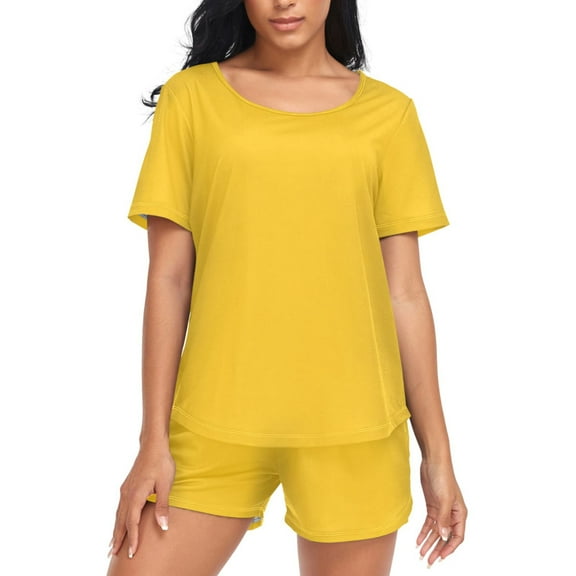 joogoo Women's Pajama Set Solid Yellow Short Sleepwear Loungewear with Pockets M