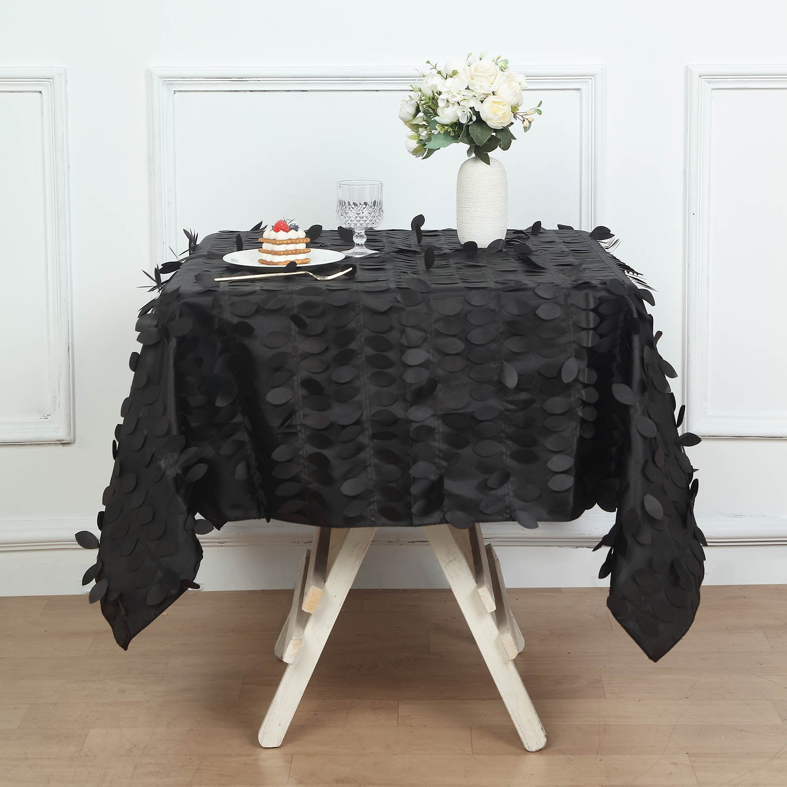 Efavormart 54" Black 3D Leaf Petal Taffeta Fabric Square Tablecloth ...