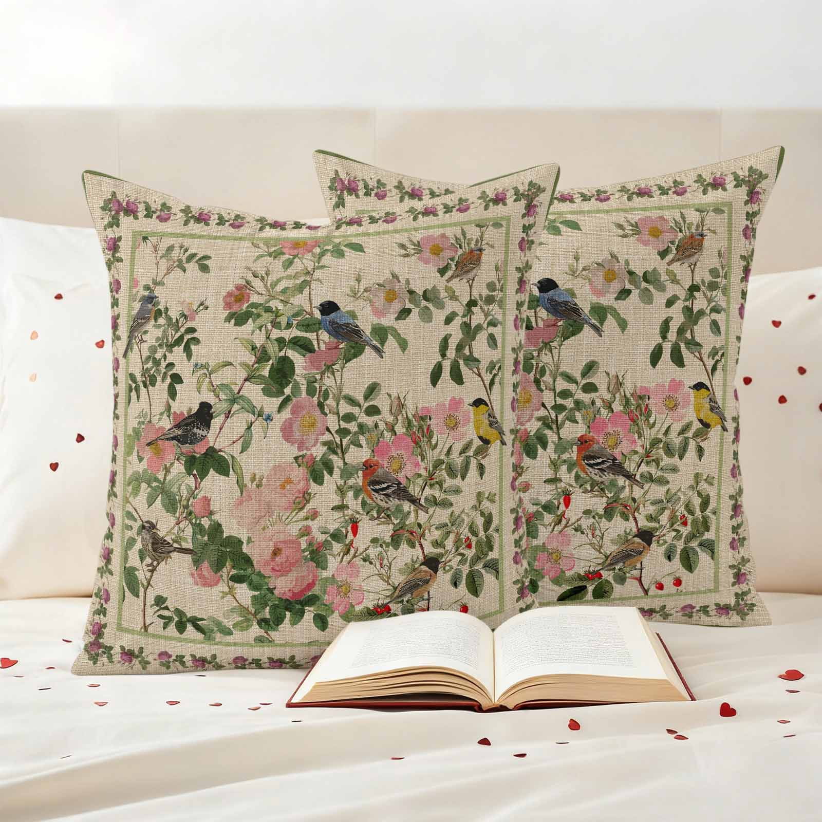 Spring Pillow Covers 2 Pack Oriental Traditional Ethnic Floral Birds Retro Linen Pillowcase Waterproof Outdoor Throw Pillow Cover for Patio Garden Square Cushion 26”x26”
