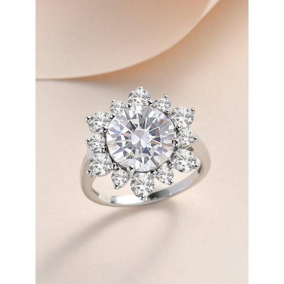 Round Shaped Moissanite Ring 925 Silver Engagement Ring Zircon Accented Halo Ring Anniversary Gift Ring For Women