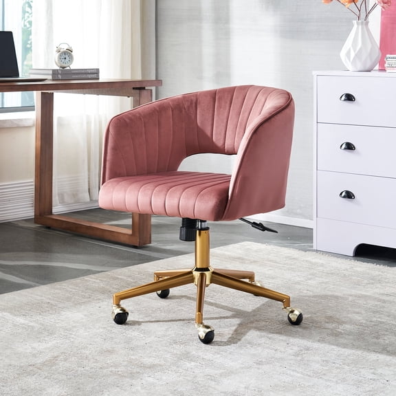 Home Office Chair Swivel Velvet Desk Chair Accent Armchair Upholstered Modern Tufted Chairs with Gold Base for Girls Women Ergonomic Study Seat Computer Task Stools for Living Room（Rose）