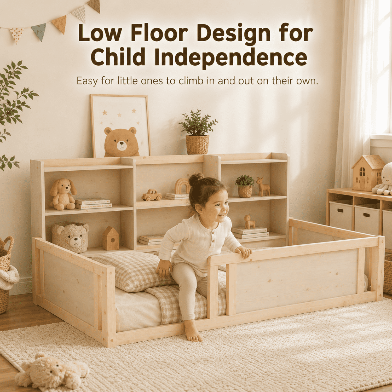 Miniyam Twin Size Floor Bed, Kids Bed Frame with Guardrails and 6 Built-In Side Storage Shelves, Natural