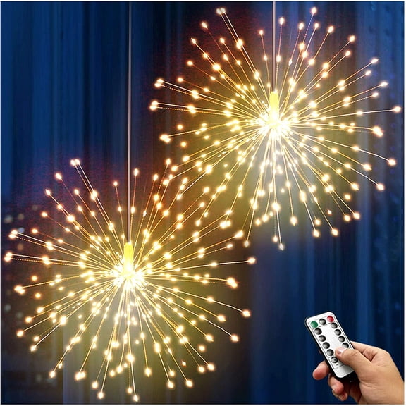 Firework Lights 200 LED Copper Wire Starburst Light, 8 Modes Battery Operated Fairy Star Sphere Lights with Remote, Warm White Hanging Ceiling Decorations for Bedroom, Christmas, Party 2 Pack