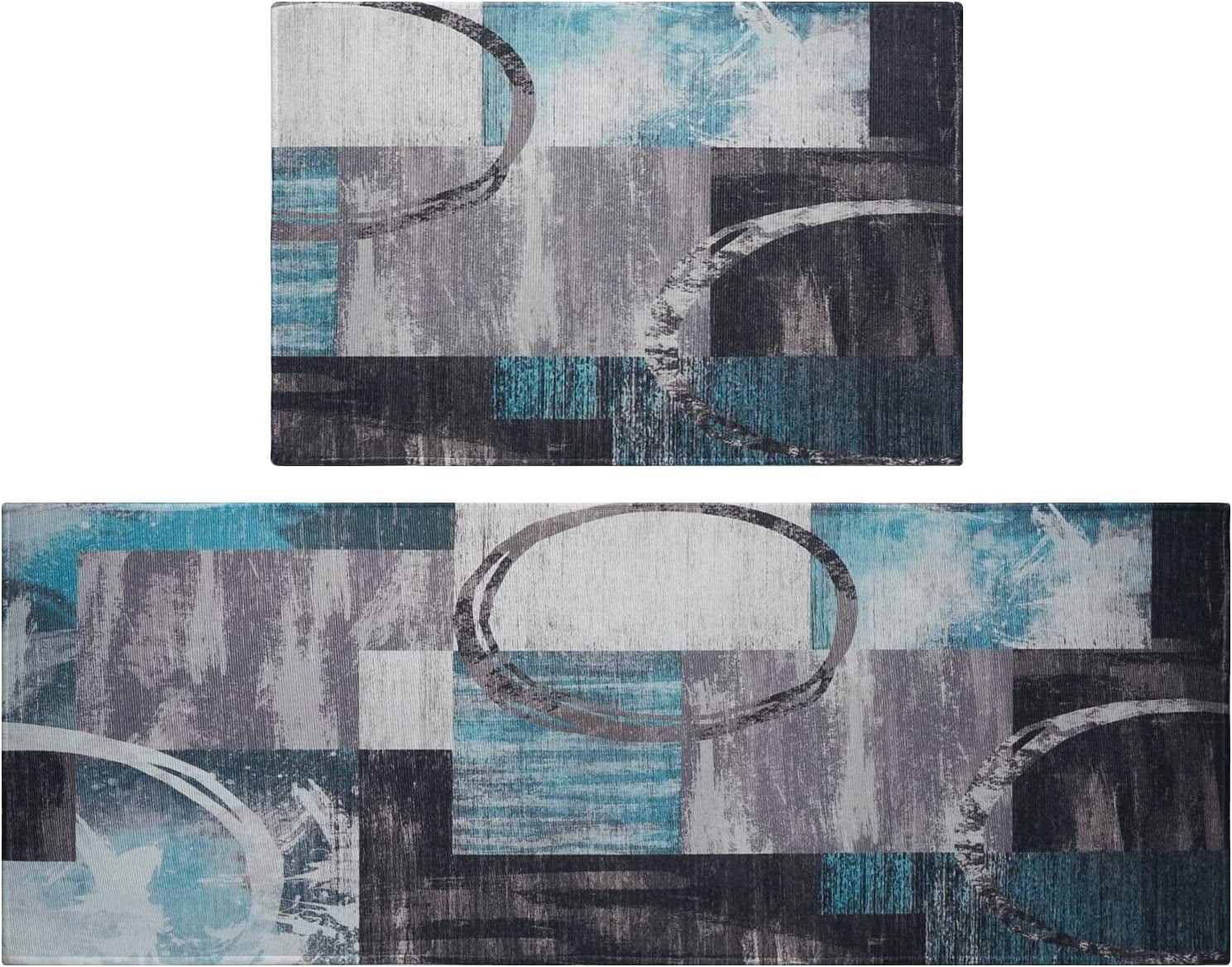 Retro Rustic Art Abstract Modern Kitchen Rugs Set 2 Piece Teal Turquoise and Grey Decorative Rug