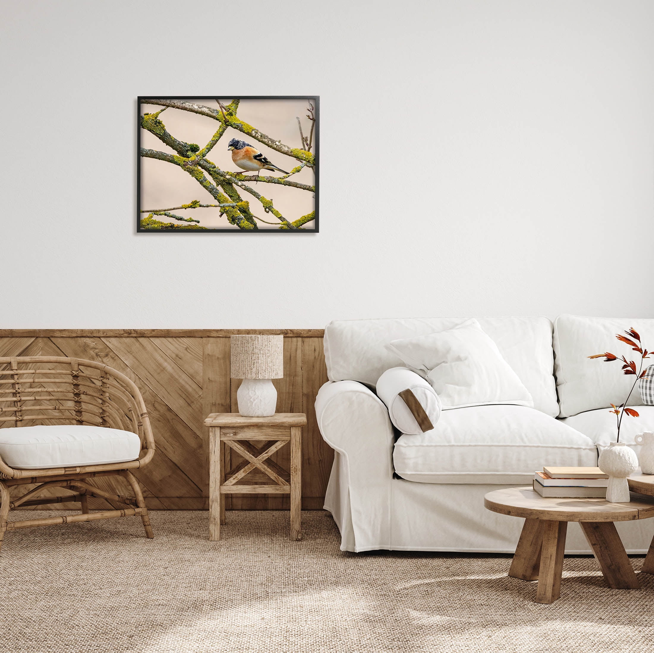 Stupell Industries Orange Bird Mossy Tree Branch Photograph Black Framed Art Print Wall Art, Design by Lil' Rue