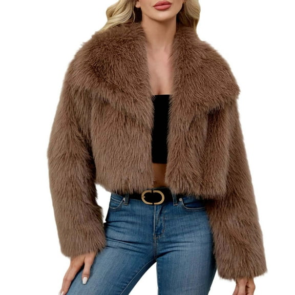 Women's Faux-Fur Coat Fluffy Faux-Fur Jacket Long Sleeve Lapel Furry Winter Warm Crop Jackets Shaggy Short Coat