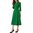 thumbnail image 4 of Vestido de trabajo para mujeres INSPIRE CHIC, corte A, mangas 3/4, vestido midi elegante, verde, talla L, 4 of 6