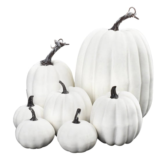 Set of 7 Artificial White Pumpkins for Fall, Halloween, Thanksgiving, Home Decor, Realistic Foam Pumpkins Assorted Sizes Value Bundle Halloween Gifts
