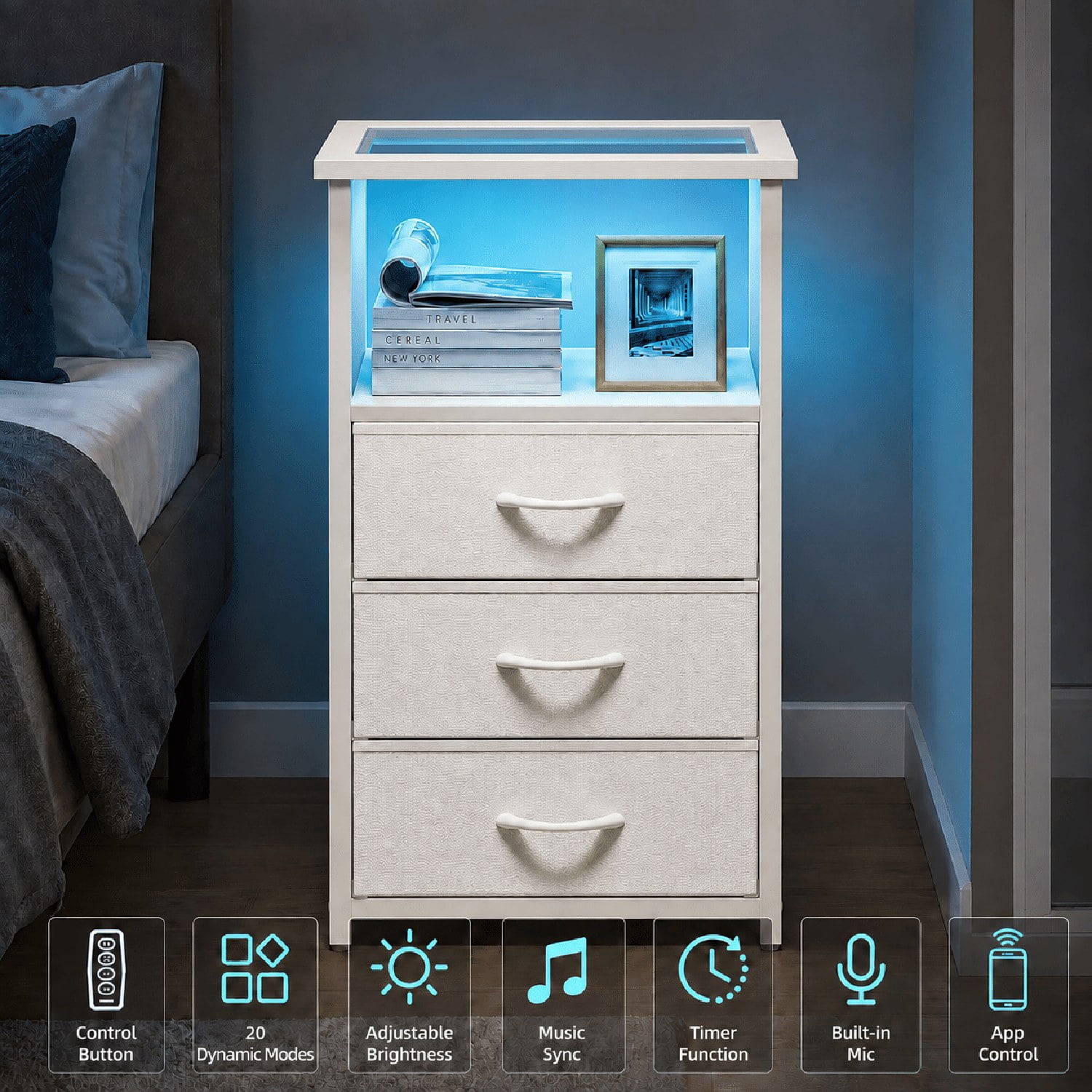3 Drawer Nightstand with Charging Station, Glass Top Bedside Table with 2 AC Outlets and 2 USB Ports, RGB LED Light, Open Shelf, Fabric Drawers for Bedroom