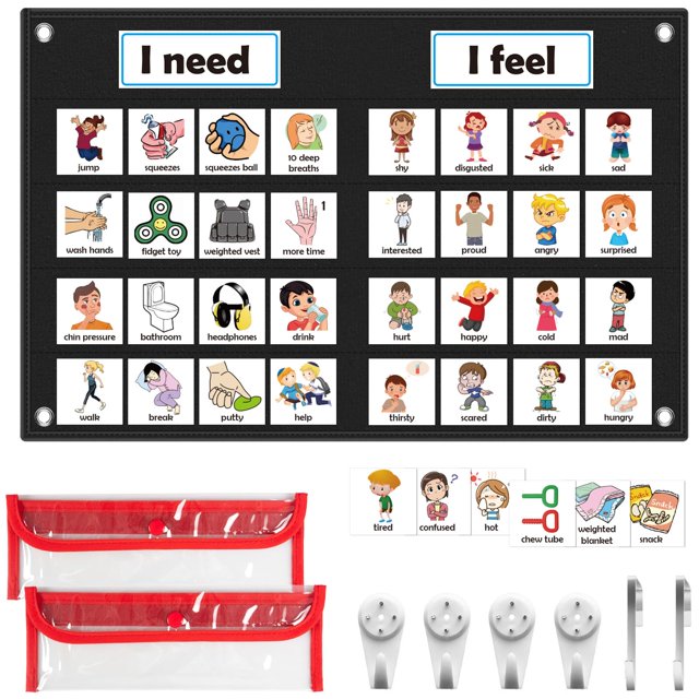 KIKIGOAL Gráfico de sentimientos para suministros para maestros de preescolar Gráfico de bolsillo de aprendizaje socioemocional Autismo Gestión del comportamiento visual Elementos esenciales para la g