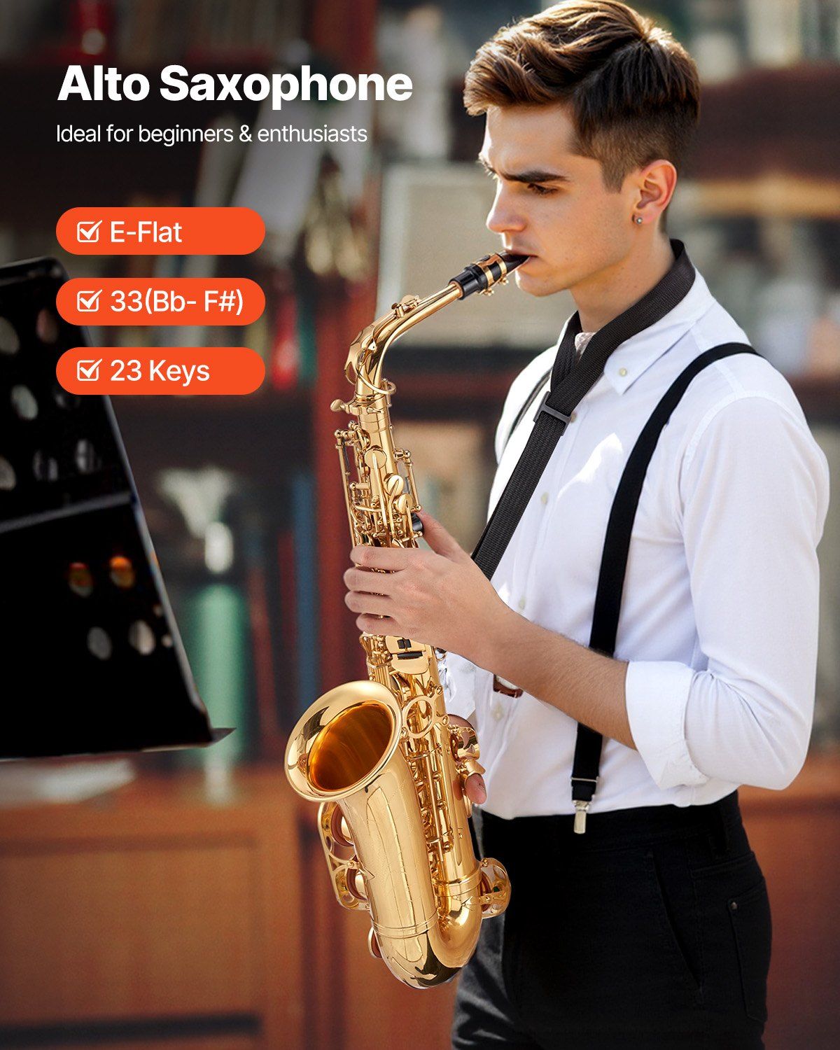 23 Key Gold Alto Saxophone E Flat Beginner Kit with Carrying Case Mouthpiece Straps Cleaning Cloth Gloves Grease Neck Strap for Students