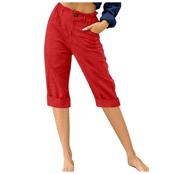 Linen Womens Capris for Summer Casual Solid Capri Pants