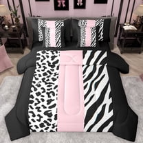 Castle Fairy Boys Girls Animal Zebra Leopard Print Twin Bedding Sets 7-Piece,Abstract Geometric Stripes Bedding Comforter Set Microfiber,Black Pink Breathable Sheet Sets,Breathable Home Decor