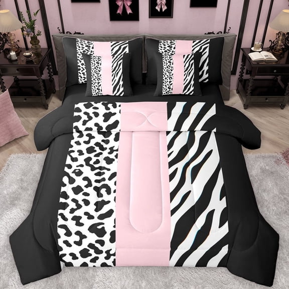 Castle Fairy Boys Girls Animal Zebra Leopard Print Twin Bedding Sets 7-Piece,Abstract Geometric Stripes Bedding Comforter Set Microfiber,Black Pink Breathable Sheet Sets,Breathable Home Decor