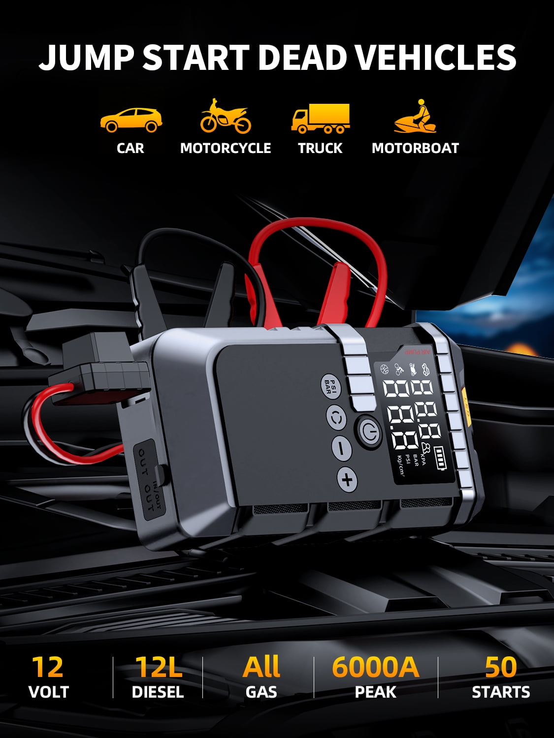 Jump Starter with Air Compressor, 4000A Battery Jump Starter (for 8.0L Gas or Up to 4.0L Diesel),150PSl Digital Tire Inflatorwith Emergency Light