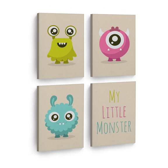 Smile Art Design Colorful My Little Monster Lettering Cream Background 4 PANEL Canvas Wall Art Print SET Kids Room Decor Baby Boy and Girl Room Decor Ready to Hang Made in the USA (40x30)x4