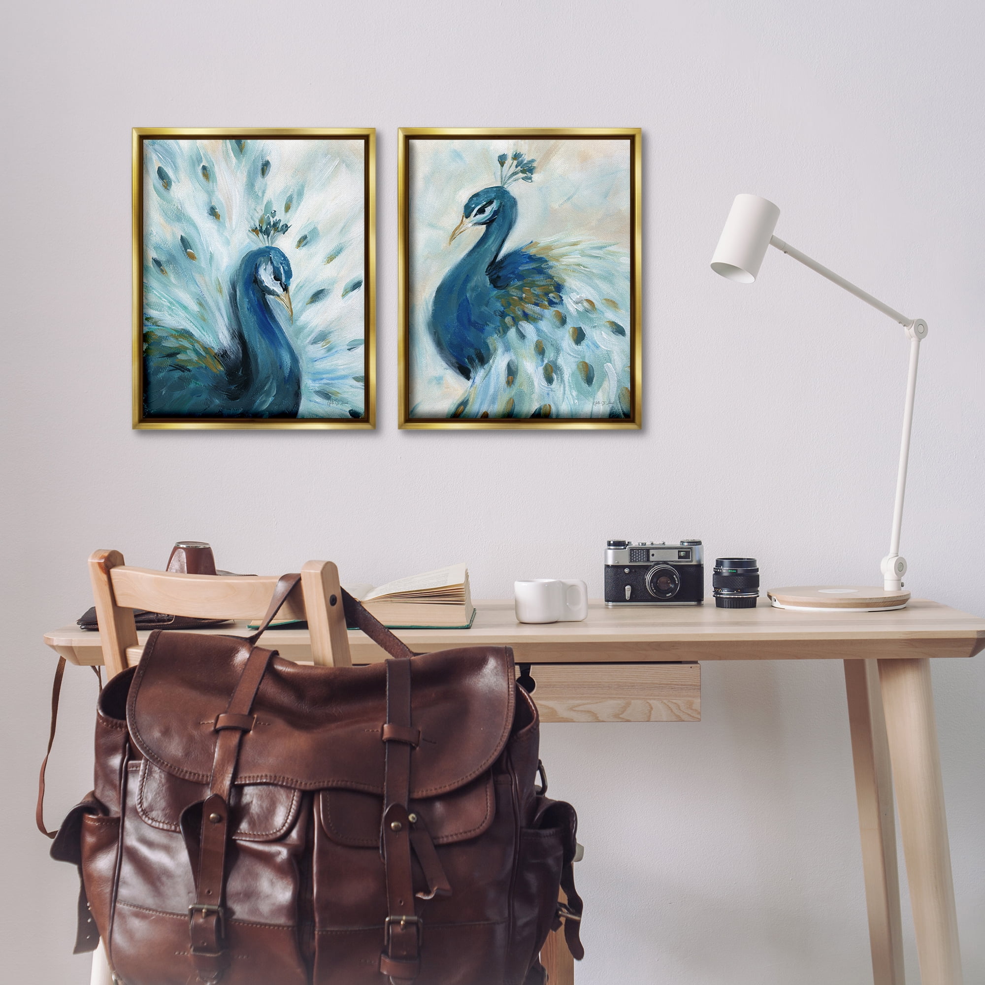 Stupell Industries Gentle Pretty Peacocks Animals Painting Gold Floater Framed Canvas Art Print Wall Art, 17 x 21, Set of 2