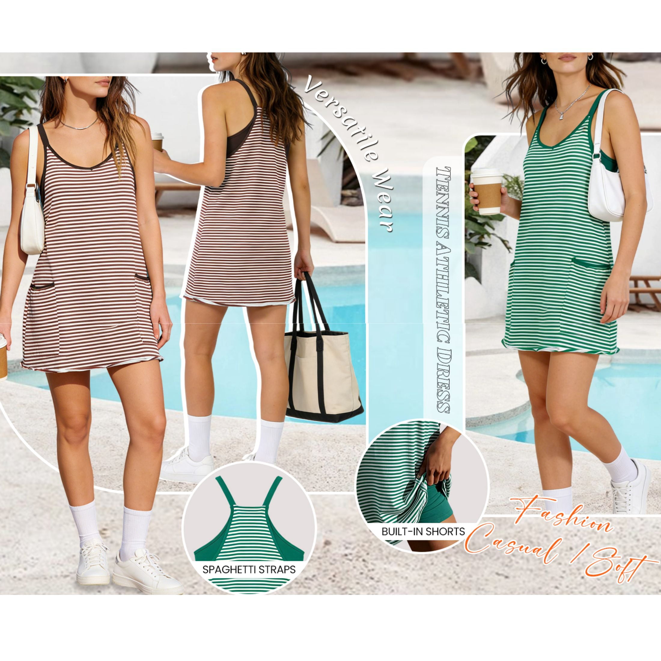 Women's Summer Striped Athletic Tennis Mini Dress Sleeveless Built-in Shorts Workout Vacation Sundress