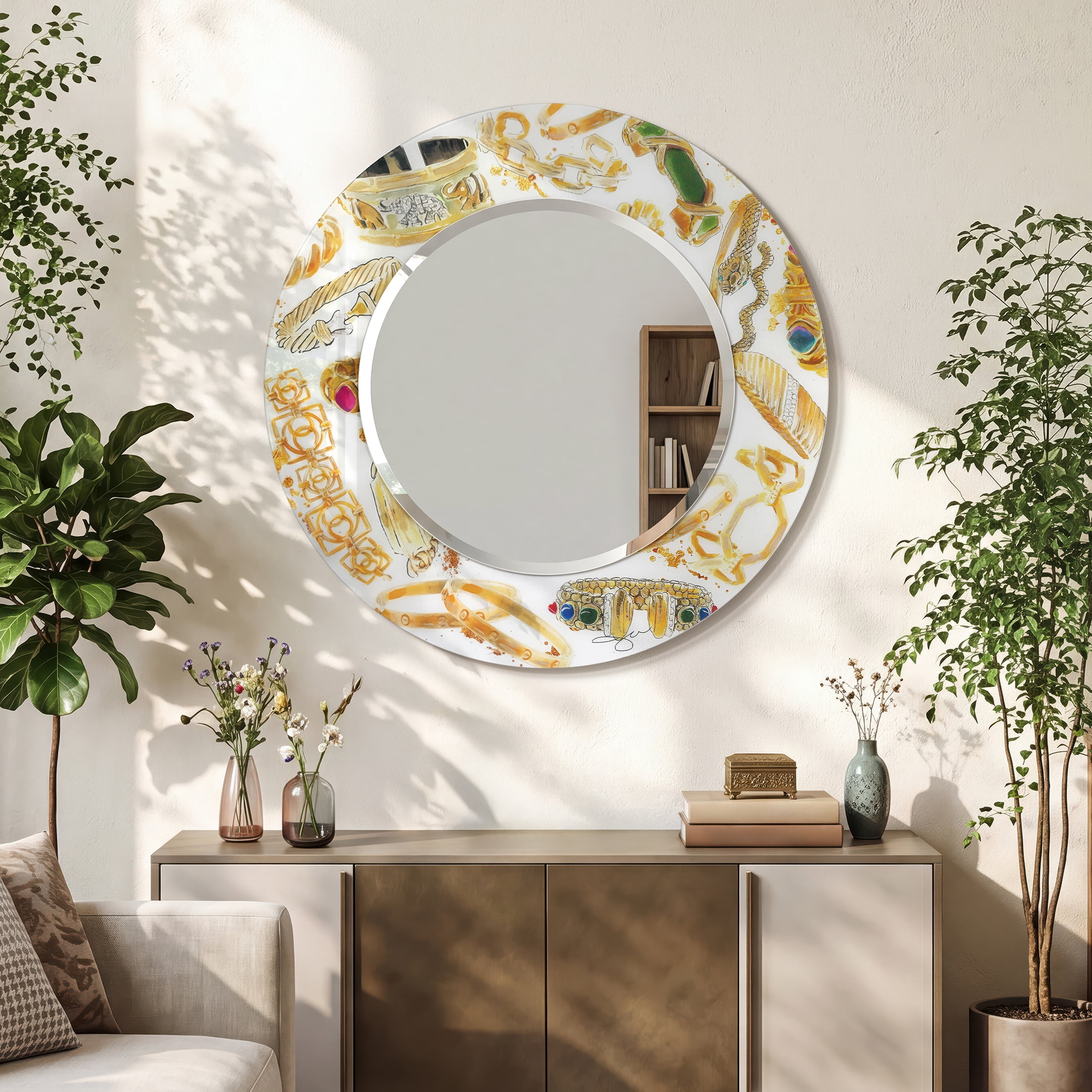 Empire Art Direct 36" Square Reverse Printed Tempered Art Glass with 24" Round Beveled Mirror - 36 in. x 0.4 in. x 36 in. Gold Gold, White