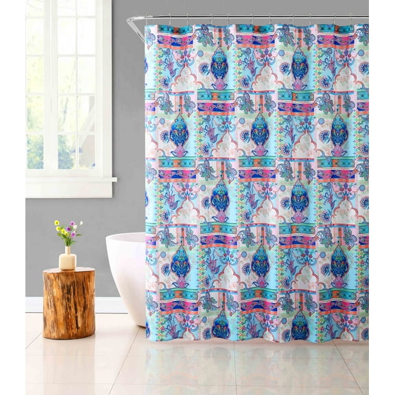 Fabric Shower Curtain for Bathroom Colorful Bohemian Design with Chrome Roller Ball Set 72IN x72 IN