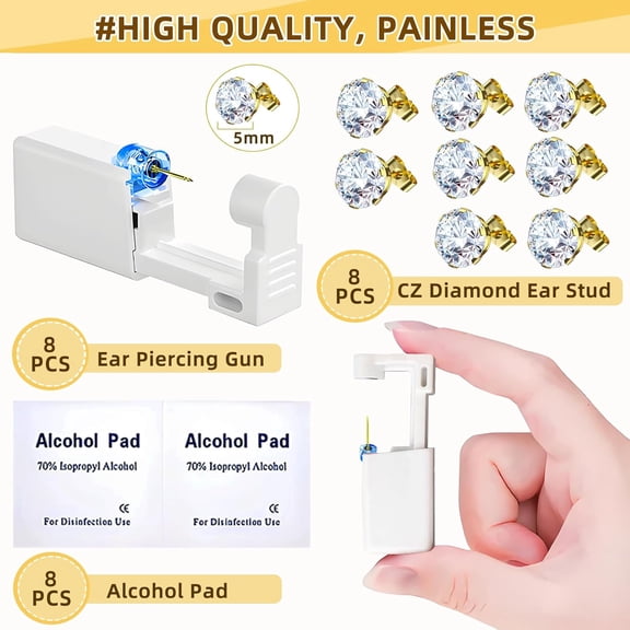 24 Pcs Ear Piercing Kit Disposable Ear Piercing Gun Kit with 8 Pcs Gold-Plated CZ Earrings Stud 8 Pcs Self Piercing Gun and 8 Pcs Cleaning Pads
