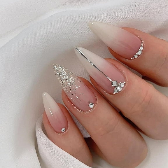 White French Tip Press on Nails Gold Line Fake Nails Medium Almond False Nails with Design Nude Glue on Nails Artificial Acrylic Full Cover Glossy Stick on Nails for Women Manicure 24Pcs Silver