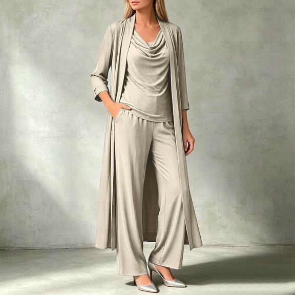 JIAYUE Women 3 Piece Outfit 3/4 Sleeve Long Cardigan Cowl Neck Top Elastic Waist Wide Leg Pants Set for Fall Outdoor Wear