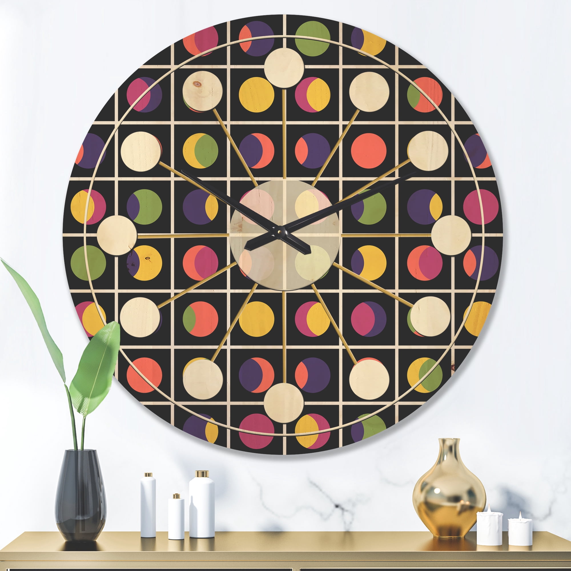 Designart 'Circular Moons Retro Pattern' Mid-Century Modern Wood Wall Clock