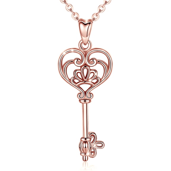 EUDORA Sterling Silver Women Necklace V&A Bless Key of Happiness Pendant 18 inch, Gift for Women, Wife, Mother, Daughter, 18" Chain, Rose Gold