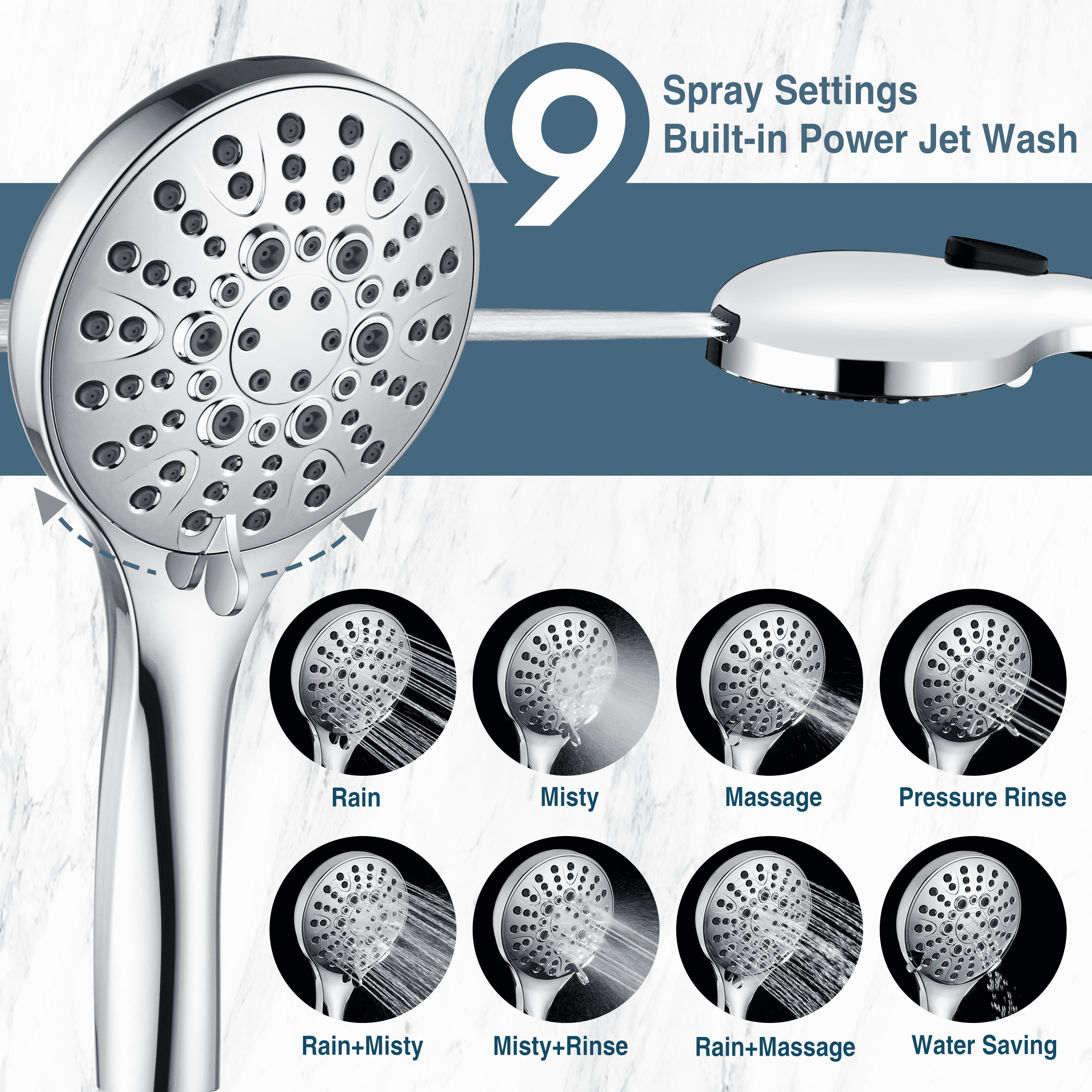 BRIGHT SHOWERS Rain Shower Head with Handheld Spray Built-in Power Wash, High Pressure Dual Shower Head with Height Adjustable Extension Arm, 3-Way Diverter, 9 Settings Handheld, 69" Hose, Chrome